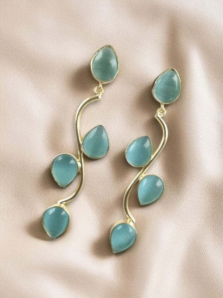Bulk 916 Light Weighted Gold Plated Long Earrings | Stones Dangler jewellery - "Aqua"