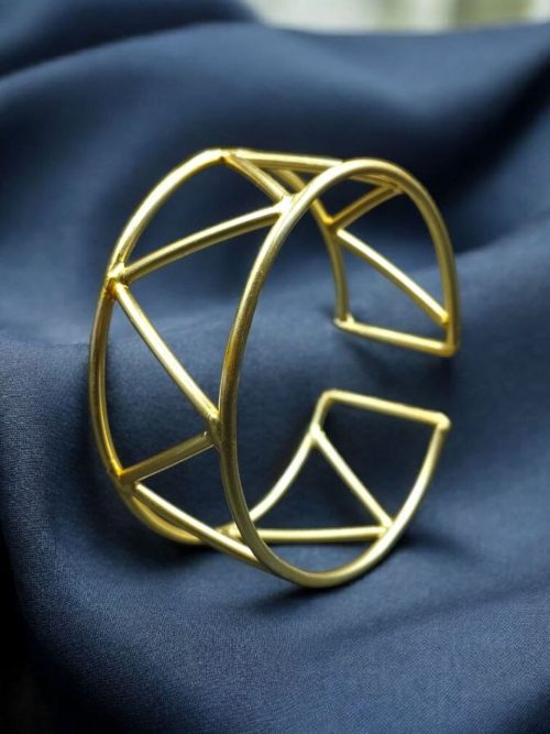 Handmade geometric cuff bangle with a trendy gold-plated finish, stylish and adjustable for women.