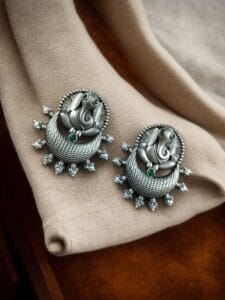 Oxidised Ganesha Stud Earrings | Unique Silver Replica Chandbali Style Jewellery - color: "Green"