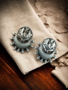 Oxidised Ganesha Stud Earrings | Unique Silver Replica Chandbali Style Jewellery - color: "Black"