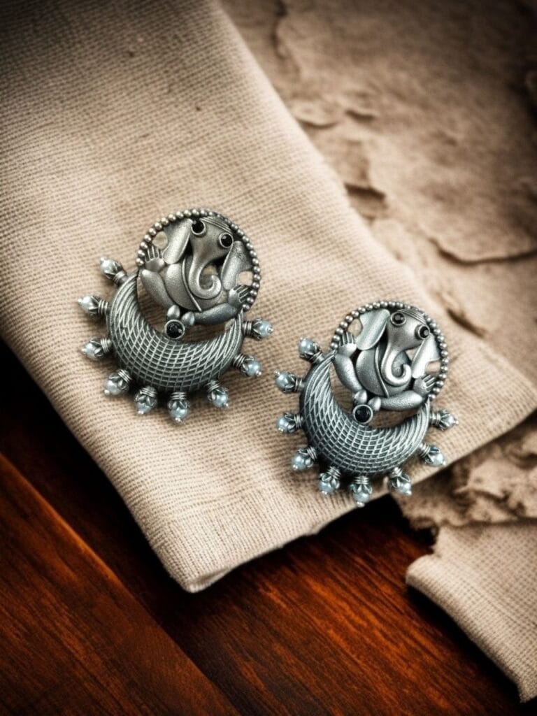 Bulk 888 Oxidised Ganesha Stud Earrings | Unique Silver Replica Chandbali Style Jewellery - "Black"