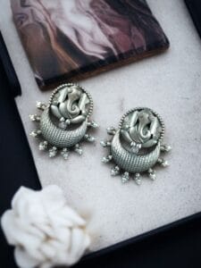 Oxidised Ganesha Stud Earrings | Unique Silver Replica Chandbali Style Jewellery - color: "Baby Pink"