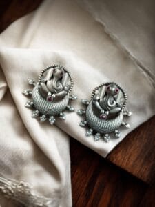 Oxidised Ganesha Stud Earrings | Unique Silver Replica Chandbali Style Jewellery - color: "Pink"