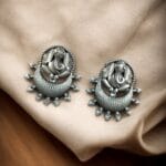 Oxidised Ganesha Stud Earrings | Unique Silver Replica Chandbali Style Jewellery - "White"