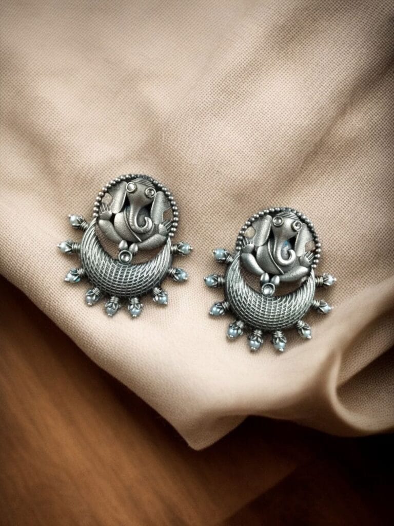 Bulk 890 Oxidised Ganesha Stud Earrings | Unique Silver Replica Chandbali Style Jewellery - "White"