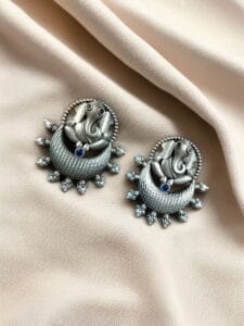 Oxidised Ganesha Stud Earrings | Unique Silver Replica Chandbali Style Jewellery - color: "Blue"
