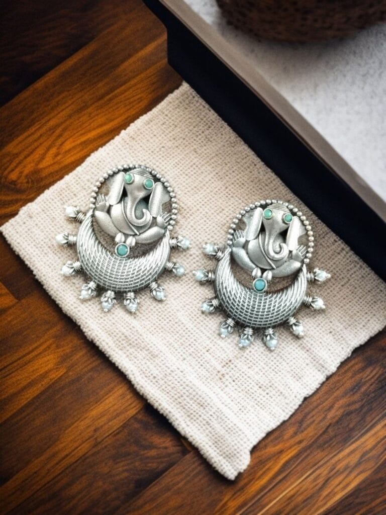 Bulk 892 Oxidised Ganesha Stud Earrings | Unique Silver Replica Chandbali Style Jewellery - "Mint'