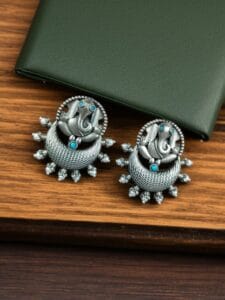 Oxidised Ganesha Stud Earrings | Unique Silver Replica Chandbali Style Jewellery - color: "Aqua"