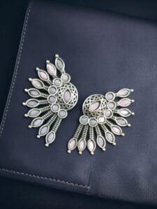 Handcrafted Ancient Feather Style Earrings | Silver Replica Wings Best Stone Work - color: "Baby Pink"