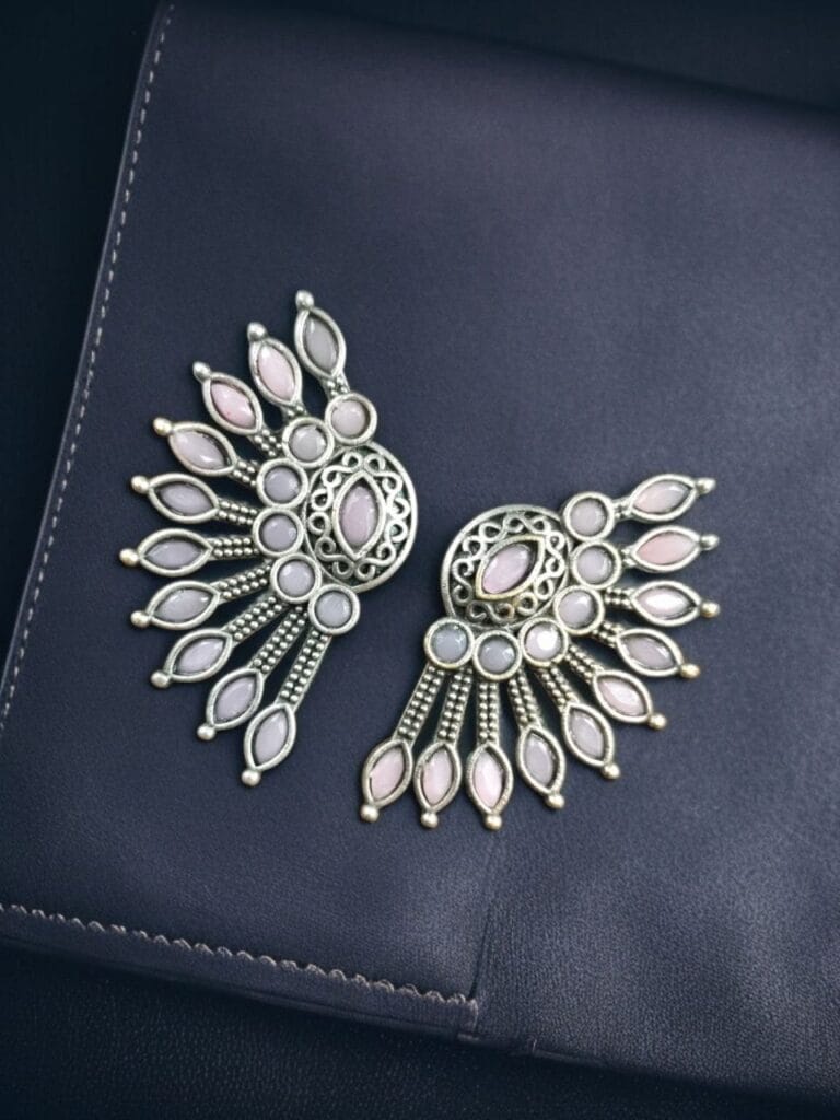 Bulk 868 Handcrafted Ancient Feather Style Earrings | Silver Replica Wings Best Stone Work - "Baby Pink"