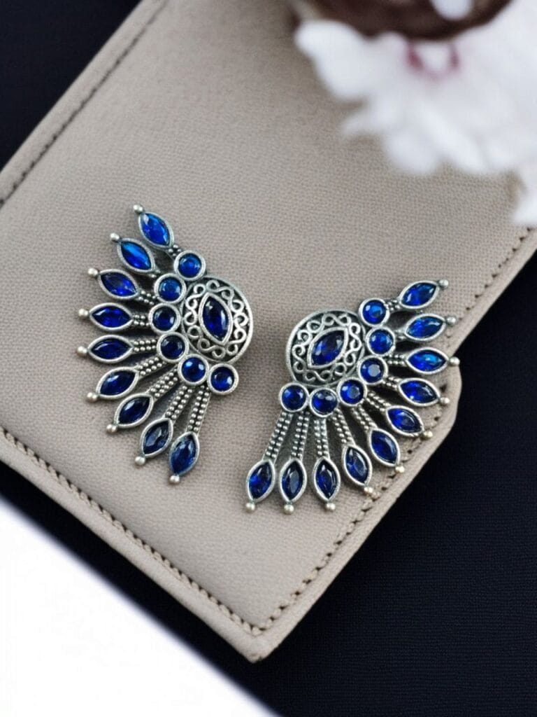 Bulk 866 Handcrafted Ancient Feather Style Earrings | Silver Replica Wings Best Stone Work - "Blue"