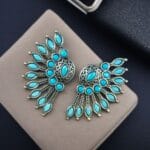 Handcrafted Ancient Feather Style Earrings | Silver Replica Wings Best Stone Work - "Aqua"
