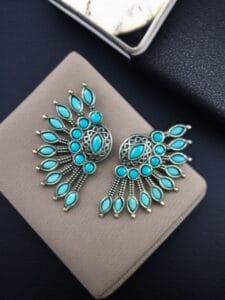 Handcrafted Ancient Feather Style Earrings | Silver Replica Wings Best Stone Work - color: "Aqua"