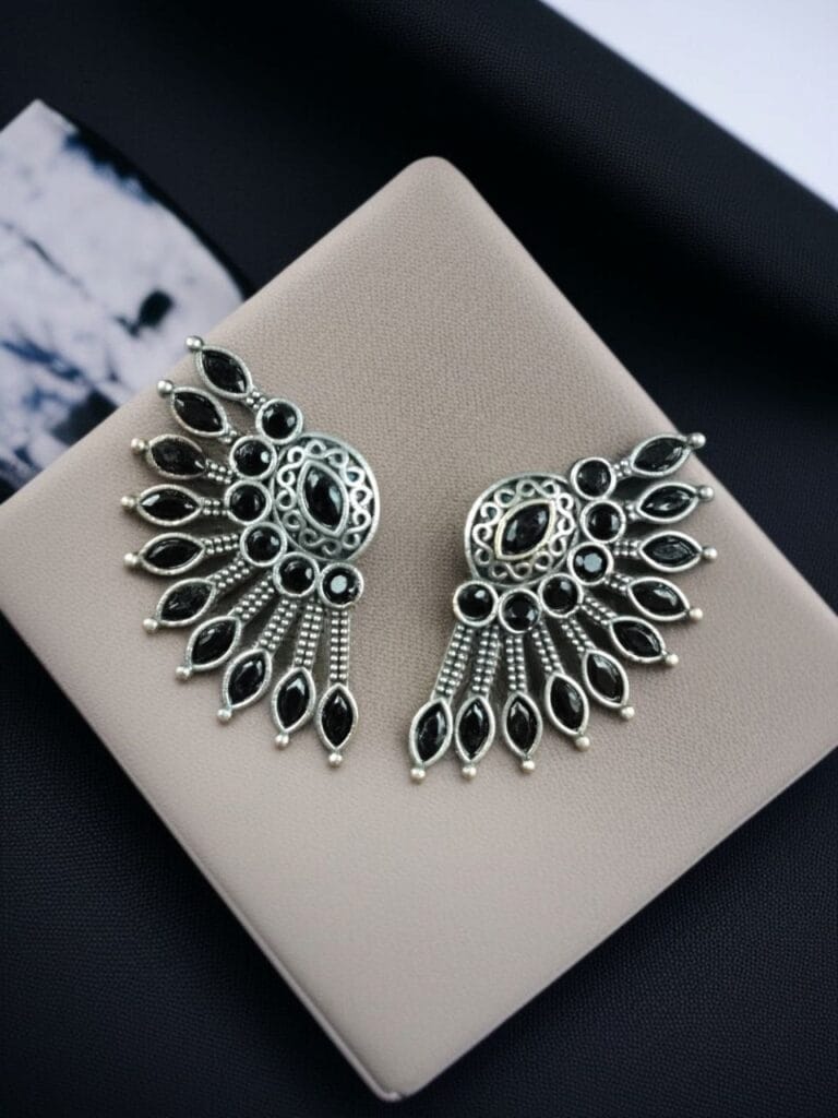 Bulk 870 Handcrafted Ancient Feather Style Earrings | Silver Replica Wings Best Stone Work - "Black"