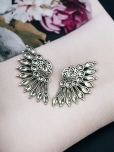 Handcrafted Ancient Feather Style Earrings | Silver Replica Wings Best Stone Work - color: "White"