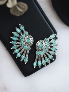 Handcrafted Ancient Feather Style Earrings | Silver Replica Wings Best Stone Work - color: 'Mint'