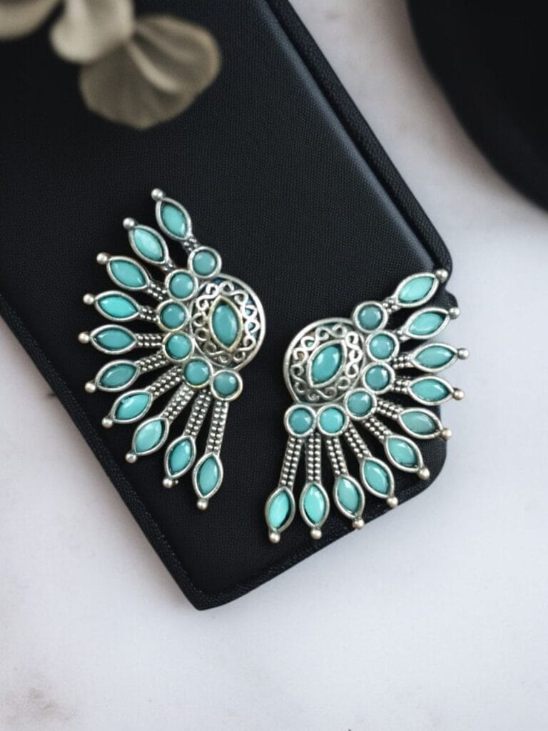 Bulk 874 Handcrafted Ancient Feather Style Earrings | Silver Replica Wings Best Stone Work - 'Mint'