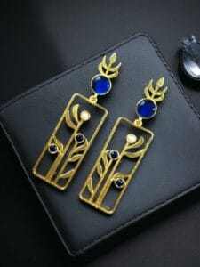 Premium Quality Gold Plated Stud Earrings | Aesthetic Leaf Style Stone Detail Jewellery - color: "Blue"