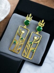 Premium Quality Gold Plated Stud Earrings | Aesthetic Leaf Style Stone Detail Jewellery - color: "Green"