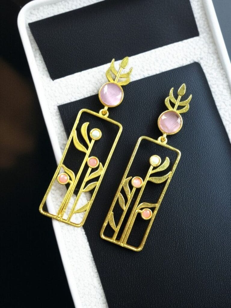Bulk 860 Premium Quality Gold Plated Stud Earrings | Aesthetic Leaf Style Stone Detail Jewellery - "Baby Pink"