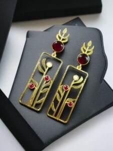 Premium Quality Gold Plated Stud Earrings | Aesthetic Leaf Style Stone Detail Jewellery - color: "Red"