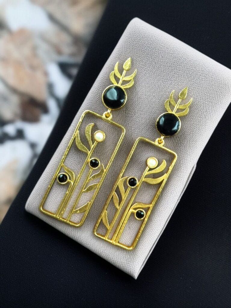 Bulk 850 Premium Quality Gold Plated Stud Earrings | Aesthetic Leaf Style Stone Detail Jewellery - "Black"