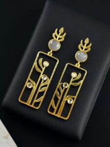 Premium Quality Gold Plated Stud Earrings | Aesthetic Leaf Style Stone Detail Jewellery - color: "Grey"