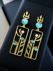 Premium Quality Gold Plated Stud Earrings | Aesthetic Leaf Style Stone Detail Jewellery - color: "Aqua"