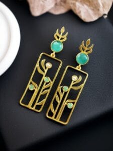 Premium Quality Gold Plated Stud Earrings | Aesthetic Leaf Style Stone Detail Jewellery - color: "Mint"