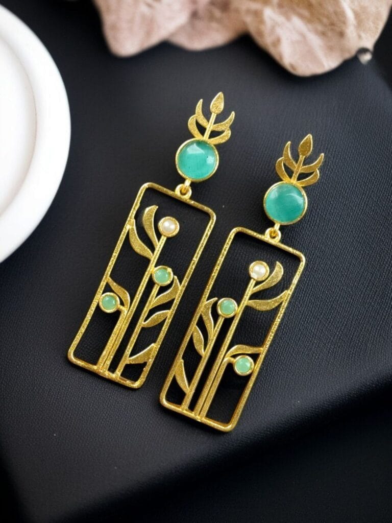 Bulk 862 Premium Quality Gold Plated Stud Earrings | Aesthetic Leaf Style Stone Detail Jewellery - "Mint"
