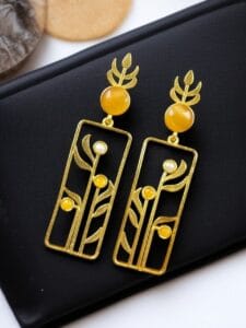 Premium Quality Gold Plated Stud Earrings | Aesthetic Leaf Style Stone Detail Jewellery - color: "Yellow"