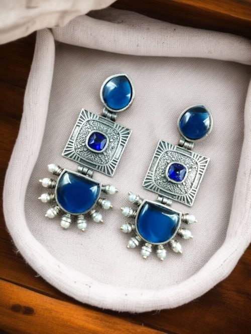 Traditional Monalisa Stone Square Dangler Earrings with Silver Replica Finish and Pearl Work