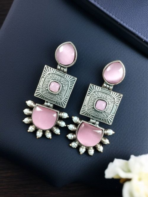 Traditional Monalisa Stone Square Dangler Earrings with Silver Replica Finish and Pearl Work
