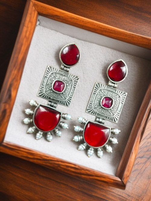 Traditional Monalisa Stone Square Dangler Earrings with Silver Replica Finish and Pearl Work