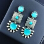 Traditional Beautiful Monalisa Stone Square Dangler Earrings | Silver Replica with Pearl Work - "Aqua"