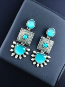 Traditional Beautiful Monalisa Stone Square Dangler Earrings | Silver Replica with Pearl Work - color: "Aqua"