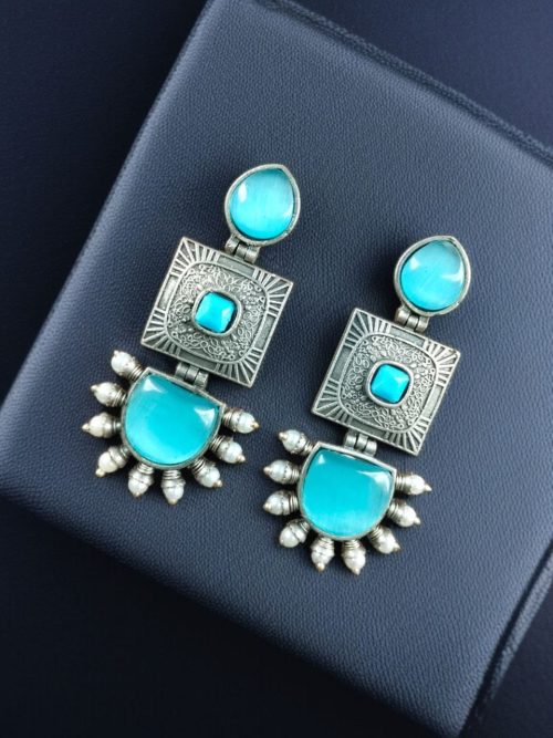 Traditional Monalisa Stone Square Dangler Earrings with Silver Replica Finish and Pearl Work