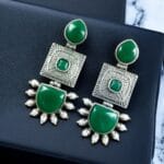 Traditional Beautiful Monalisa Stone Square Dangler Earrings | Silver Replica with Pearl Work - 'Green"