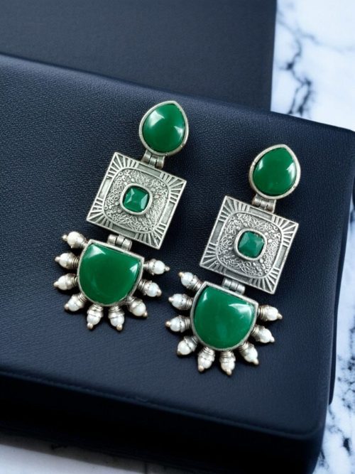 Traditional Monalisa Stone Square Dangler Earrings with Silver Replica Finish and Pearl Work