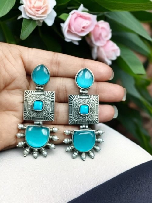 Traditional Monalisa Stone Square Dangler Earrings with Silver Replica Finish and Pearl Work
