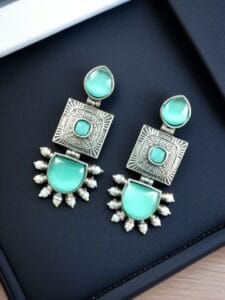 Traditional Beautiful Monalisa Stone Square Dangler Earrings | Silver Replica with Pearl Work - color: "Mint"