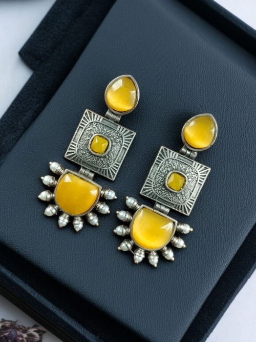 Traditional Monalisa Stone Square Dangler Earrings with Silver Replica Finish and Pearl Work