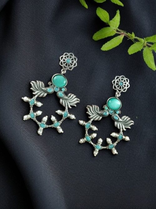 Handcrafted Peacock Inspired Earrings with Vintage Silver Replica Floral Stud Design.