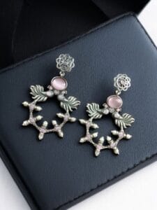 Handcrafted Peacock Inspired Earrings | Vintage Look Silver Replica Flower Stud Jewelry - color: "Baby Pink"
