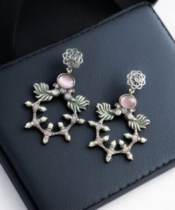Handcrafted Peacock Inspired Earrings with Vintage Silver Replica Floral Stud Design.