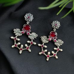 Handcrafted Peacock Inspired Earrings with Vintage Silver Replica Floral Stud Design.