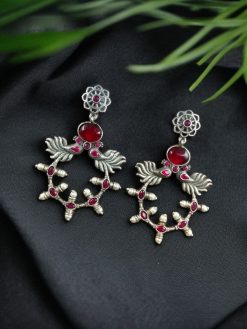Handcrafted Peacock Inspired Earrings with Vintage Silver Replica Floral Stud Design.