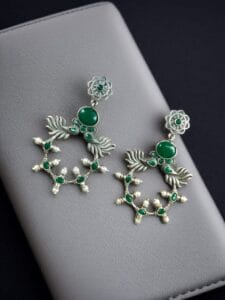 Handcrafted Peacock Inspired Earrings | Vintage Look Silver Replica Flower Stud Jewelry - color: "Green"