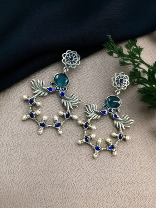 Handcrafted Peacock Inspired Earrings with Vintage Silver Replica Floral Stud Design.