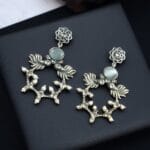 Handcrafted Peacock Inspired Earrings | Vintage Look Silver Replica Flower Stud Jewelry - "Grey"